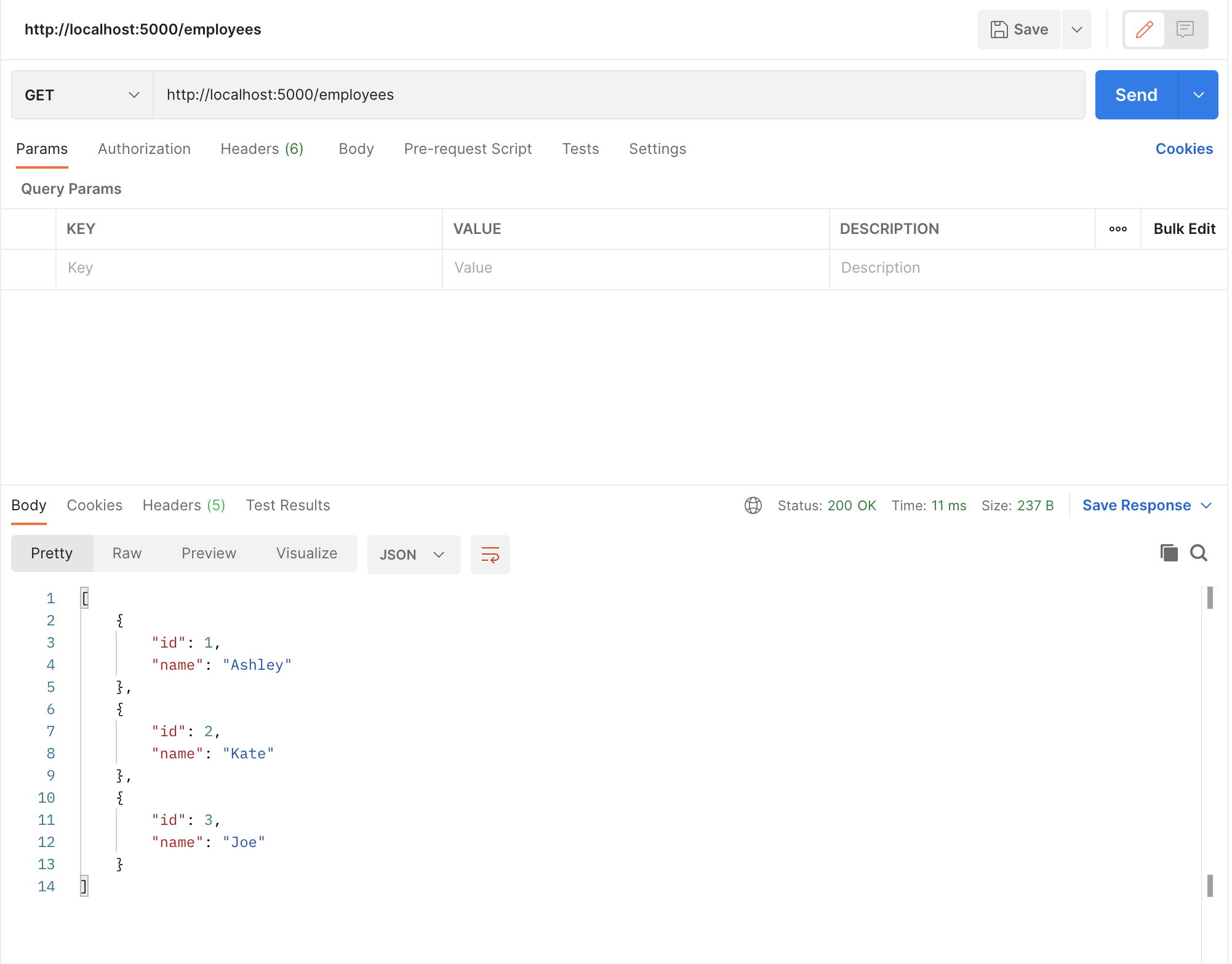 Postman Request Showing the Testing of the Employee Endpoint